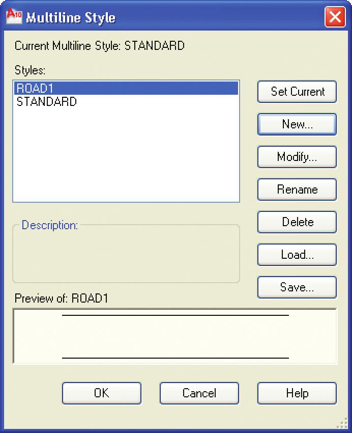 Figure 4A-3. The Multiline Style dialog box is used to define, edit, and save multiline styles.