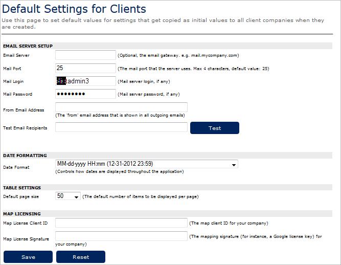 Editing Client Company Settings The top portion of the Clients Settings section contains options for email server setup.