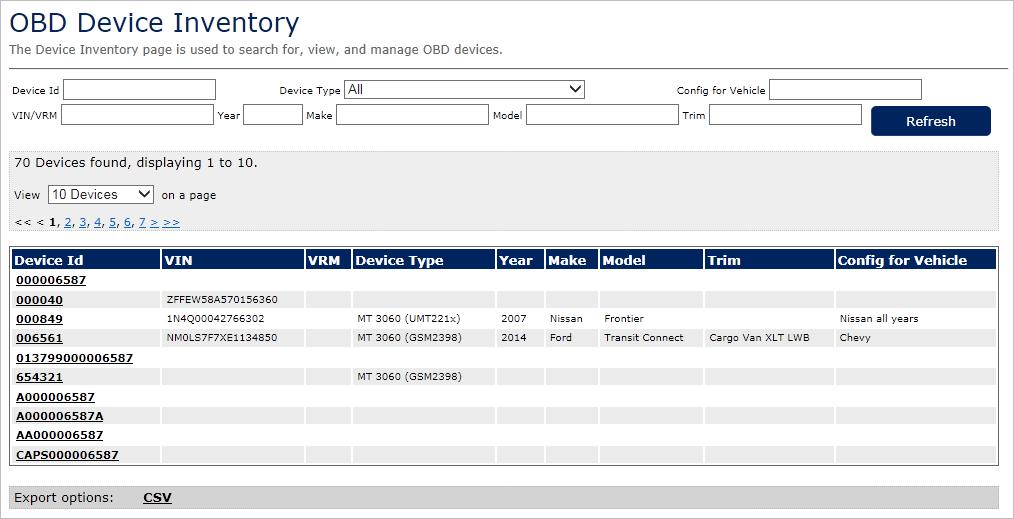 The OBD Device Inventory page opens.