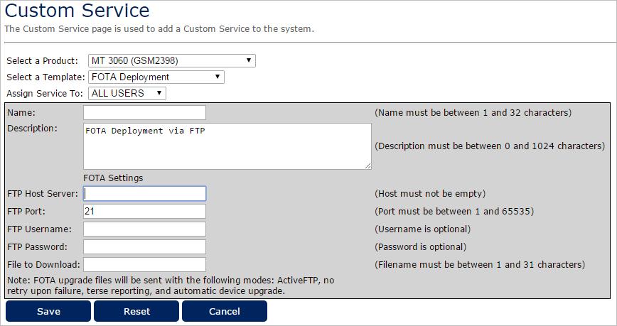 Adding a Custom Service You can create a custom service using the templates provided in the Custom Service page. There is a FOTA template for each device type.