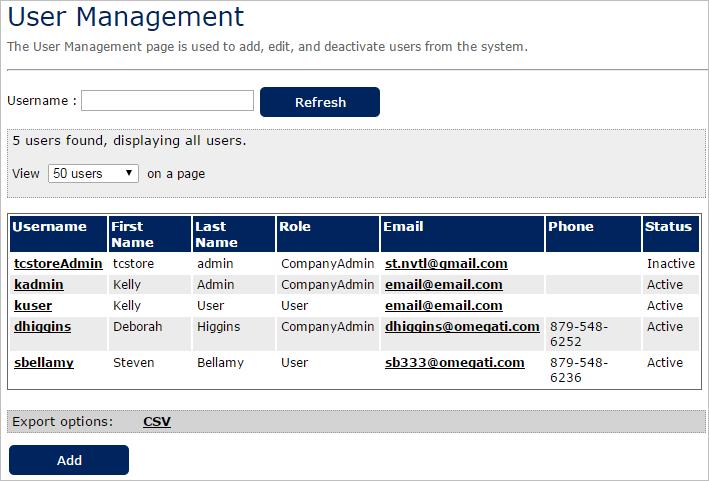 The User Management page opens displaying the users for system administration, the distributor, or company.