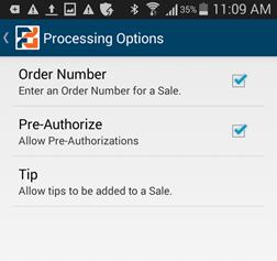 5 Mobile Pay Plus Settings 5.2 PROCESSING OPTIONS After you log in, the Sale screen opens. If this is the first time you signed into the Mobile Pay Plus app, the menu opens.