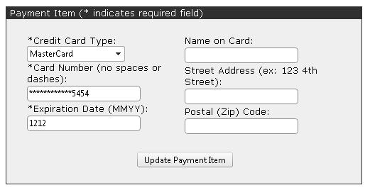 10. Edit the payment information and click Update Payment Item.