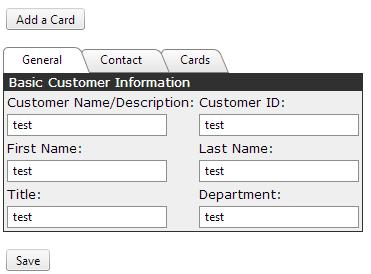 6. To view any stored cards for the customer, click the Cards tab. A screen will appear similar to the one shown below 7. To charge the stored card, click the Charge link.