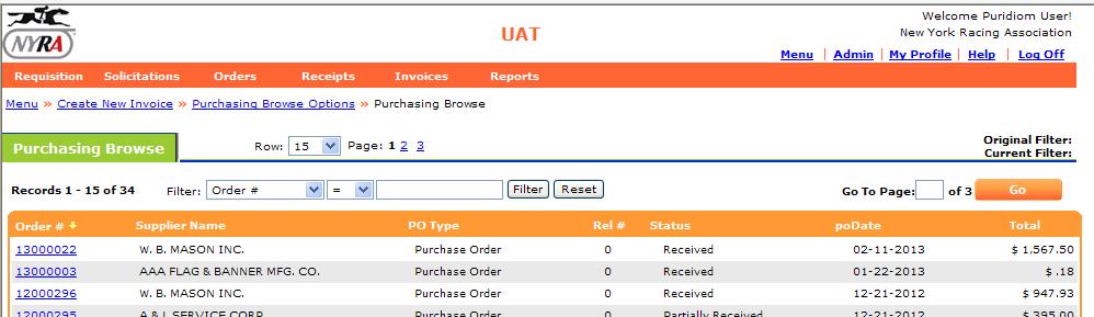 Navigating Through a List Number of Rows Filter Links to pages Enter page number Figure 2-5. Purchasing Browse list of Purchase Orders.