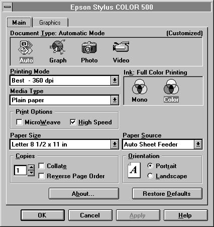 Using the Printer Driver However you accessed the printer driver, you see the Main menu tab: There are two menu tabs of printer driver settings: Main (shown above) and Graphics.