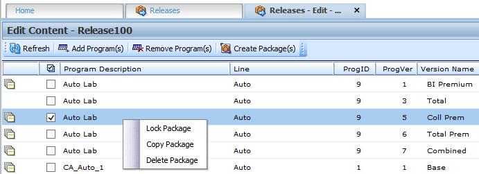 Chapter 3 Releases Figure 82 Right Click Menu for the Edit Content Listing Lock Package: Locks the package for the version. This prevents any editing of the package.