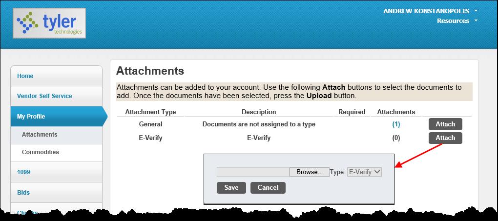 Attachments A vendor adds attachments to their profile by clicking Attachments on the menu. The Attachments option is only available when the vendor is viewing their My Profile page.