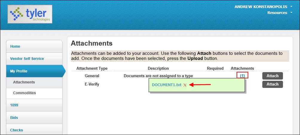 The Attachments column indicates the number of documents attached for the attachment types. Vendors can attach an unlimited number of files.
