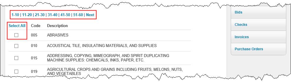 Vendors can view commodities by group using the numbered group selections, or they can identify specific commodities by selecting individual check boxes.