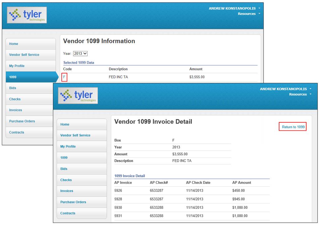 1099 The 1099 page displays a listing of the vendor s 1099 data for a selected year. The data includes the 1099 box code, a description of the code type, and the 1099 amount.