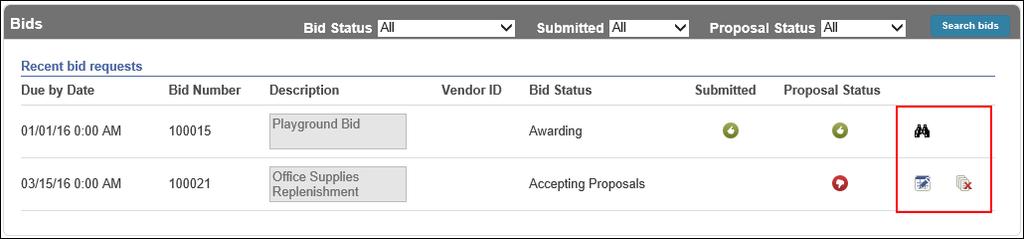 Bids Bids provides a list of bids available to the vendor from your organization.