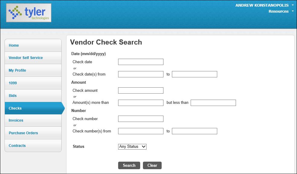 Using the Search Checks option, vendors can find additional check details using the invoice number, date