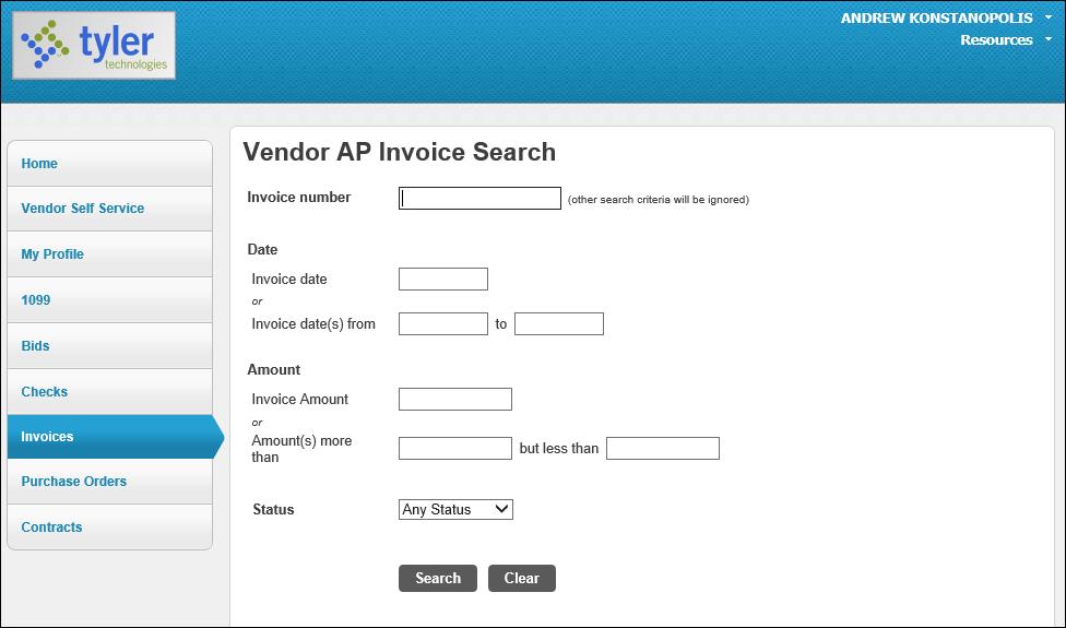 The Search Invoices page allows searches by invoice number, date or amount ranges, and status.