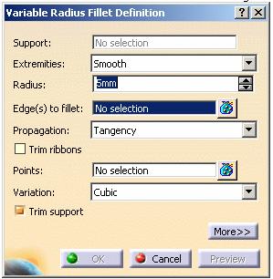 Variable Fillet Variable Fillet (create a variable radius fillet.