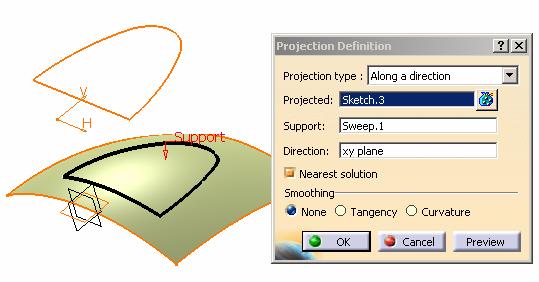 (5) To Project the sketch onto the surface:- Click Projection icon Select Along a