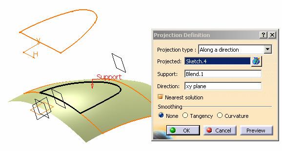 (11) To Project the sketch onto the Blend:- Click Projection icon Select Along a direction as