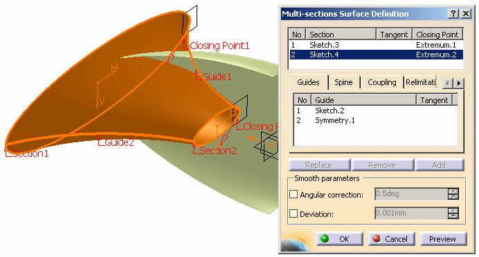 (7) To make a Multi-sections Surface:- Click Multi-sections Surface icon Select Sketch.3 as Section#1 Select Sketch.