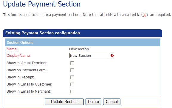 The Update Payment Section screen displays the