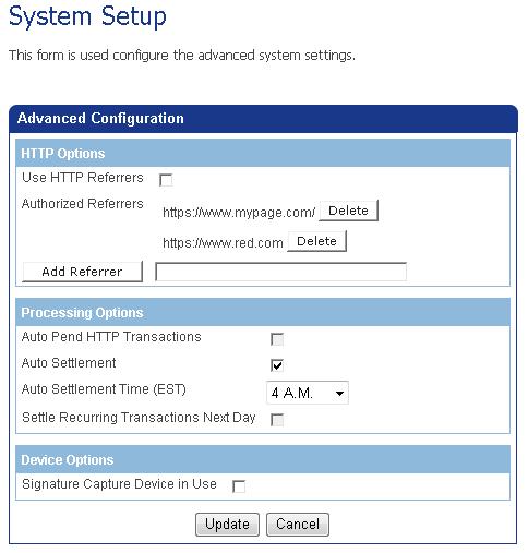 Using Terminals Setting Up Advanced Settings (Advanced Menu) The System Setup screen displays. 3. Under the Processing Options section, select the 3DSecure check box. 4.