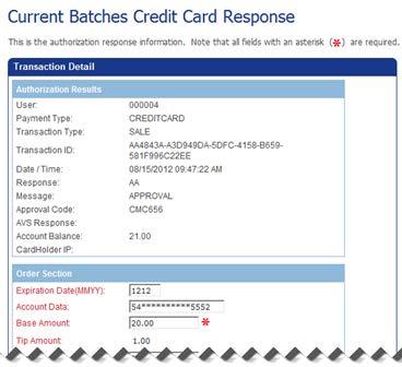 Managing Unsettled Transactions (Current Batches) Performing Gift Card Transactions The system displays the details of the transaction in the respective screens as follows: For this transaction type