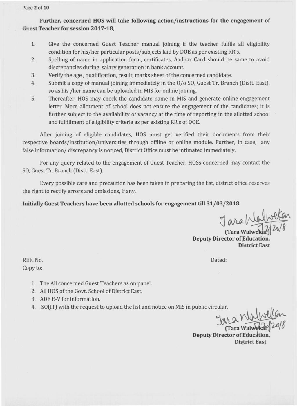 Page 2 of 10 Further, concerned HOS will take following action/instructions for the engagement of Guest Teacher for session 2017-18; 1.