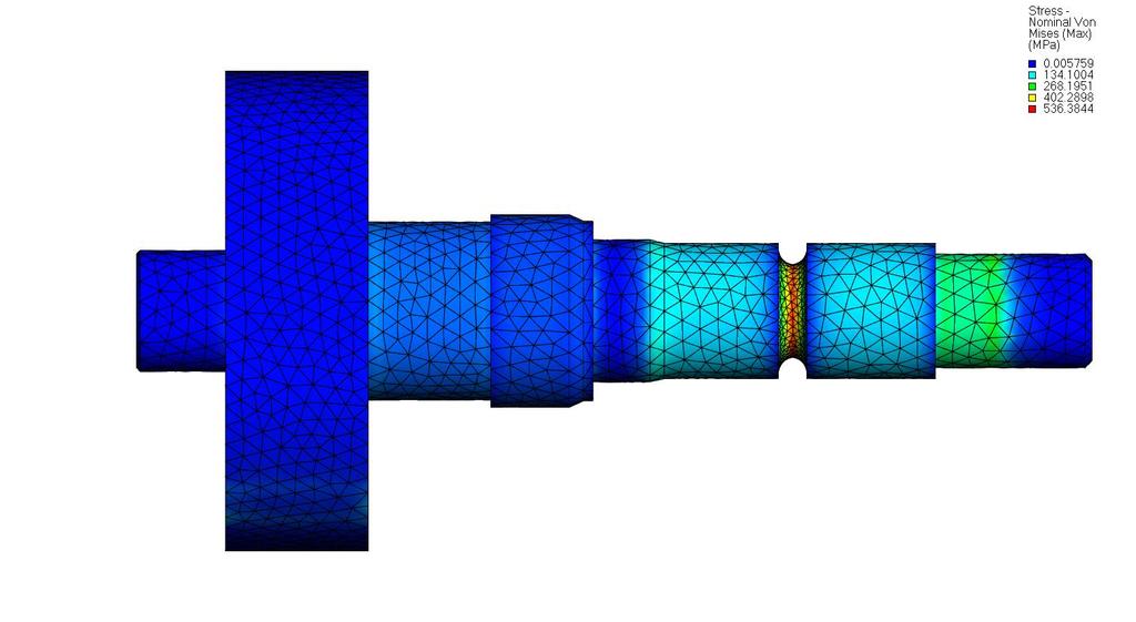 Following a System Deflection analysis, stress results on the FE-replaced shaft can be viewed.