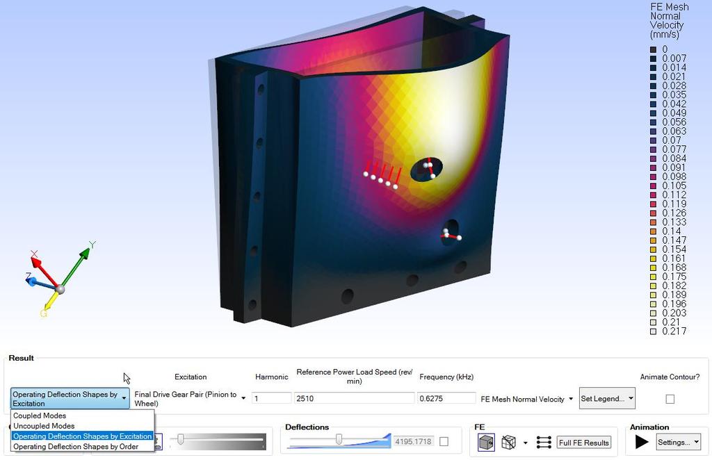 Operating Deflection Shapes in 3D view In addition to the existing options to view the coupled or uncoupled mode shapes there are now options to view the operating deflection shapes in the 3D view.