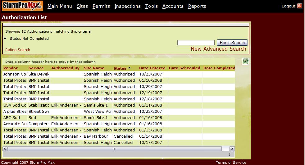 9.5.2 List Authorizations The Authorization List screen displays a list of all authorizations associated with the user s account.