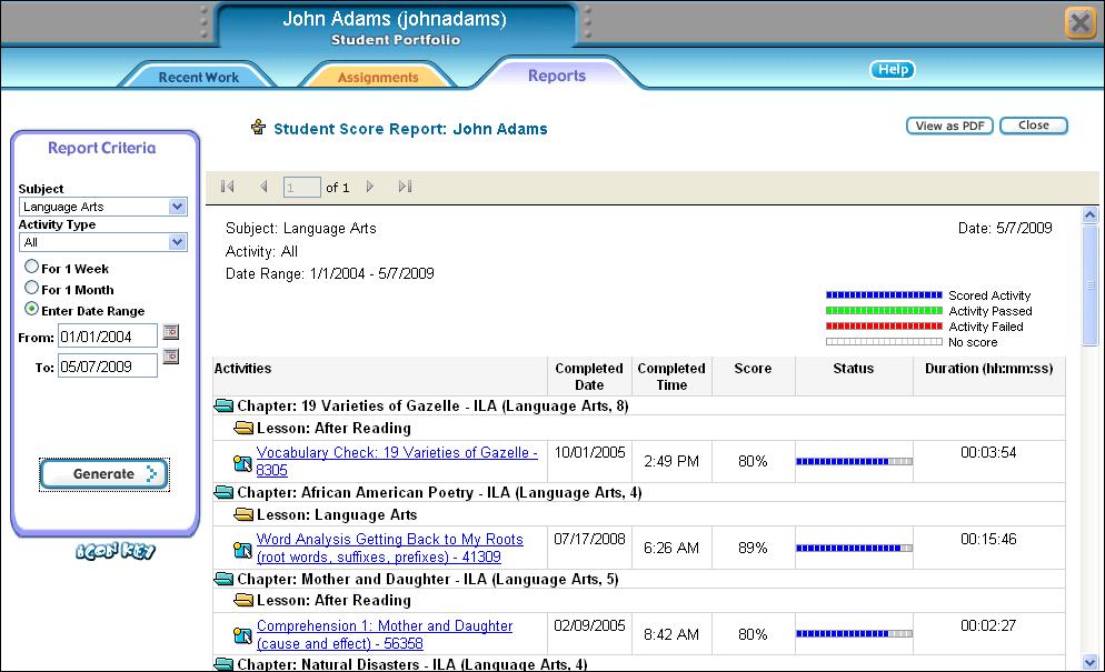 Portfolio and Reports 4 Student Score Report Print from the PDF view. 1. Select a subject. 2.
