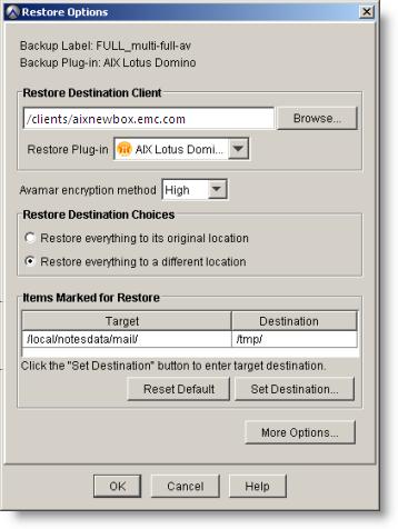 Restore and Recovery 68 Avamar for Lotus Domino 7.5 User Guide i. Click More Options. The Restore Command Line Options dialog box appears. 12. Set the plug-in options: a.