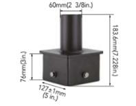 Vertical tenon measures 2-3/8 O.D., and is made of steel tubing. Fixtures mounted to this bracket can be adjusted both vertically and horizontally.