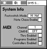 SYSTEM INFORMATION EDIT WINDOW The System Information Edit Window defines global MIDI settings, configures the footswitch mode, and enables note chase.