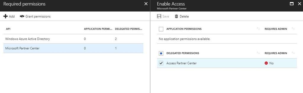 2. Microsoft Partner Center a. Grant Access Partner Center permissions under Delegated Permissions.