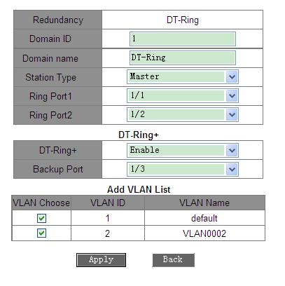 Figure 114: DT-Ring configuration Figure 115: DT-VLAN-Ring configuration Redundancy Forced configuration: DT-Ring Domain ID Configuration rang: 1~32 Function: domain ID is to distinguish different