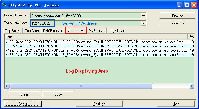 IP Address of remote logging server Configure the IP address of the server that log info is uploaded to Facility Options: Local0-Local7 Default: Local0 Description: Facility is used to mark different