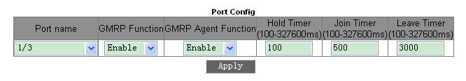 Figure 165: Port GMRP configuration Port name Options: all switch ports GMRP Function Options: Enable/Disable Default: Disable Function: Enable GMRP function on port or not GMRP Agent Function