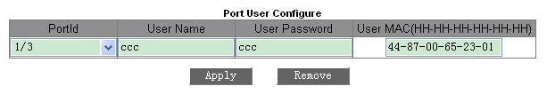 Figure 221: Configure Dot1x information on port Port Options: all switch ports User Name Range: 1-16 characters Function: configure the user name bound to the port User Password Range: 1-16