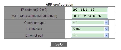 6.1.3 Web Configuration 1. Add or delete static ARP entry. Click [Device Advanced Configuration] [ARP configuration] [ARP configuration] to enter the ARP configuration page, as shown in Figure 93.