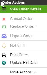 Order Actions View Order Details - This pulls up the Order Information Pane for the order selected with the right click.
