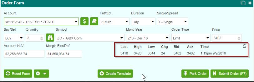 can be stored/recalled by the user. With an order ticket partially or fully populated, clicking CREATE TEMPLATE will pop up a SAVE ORDER TEMPLATE box prompting you to name the template.
