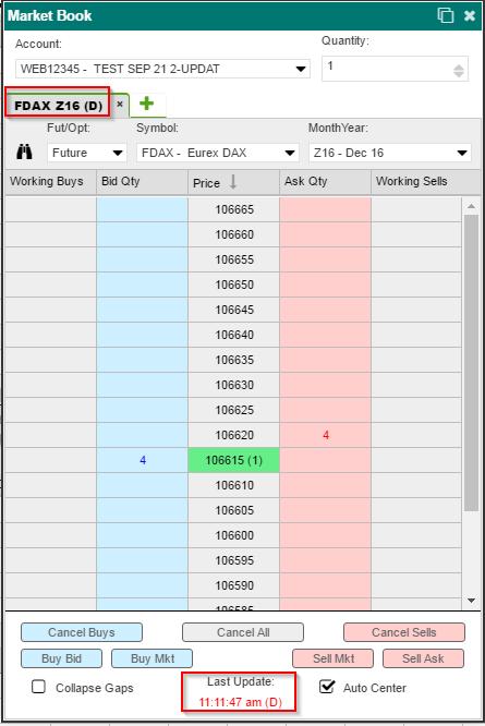 Market Book Time appears in red with (D) if market data in the Market Book is delayed Time will be at least 10 minutes delayed for delayed market data