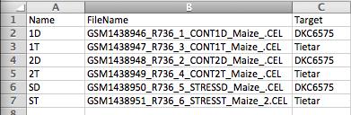 Target File Format The file at the right is known as "RNA Targets" file in affylmgui. It describes the experimental conditions for each of the 12 arrays.