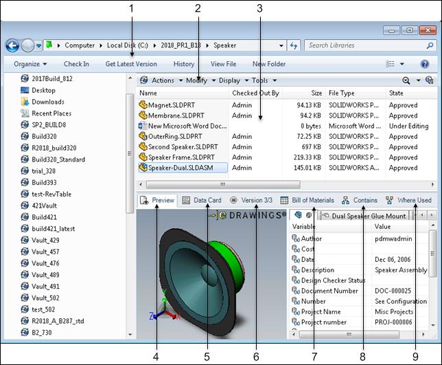 SOLIDWORKS PDM Explorer Views 1 2 SOLIDWORKS PDM Commands SOLIDWORKS PDM menus Commonly used commands for the selected file. Contain commands you can perform on selected files or folders.