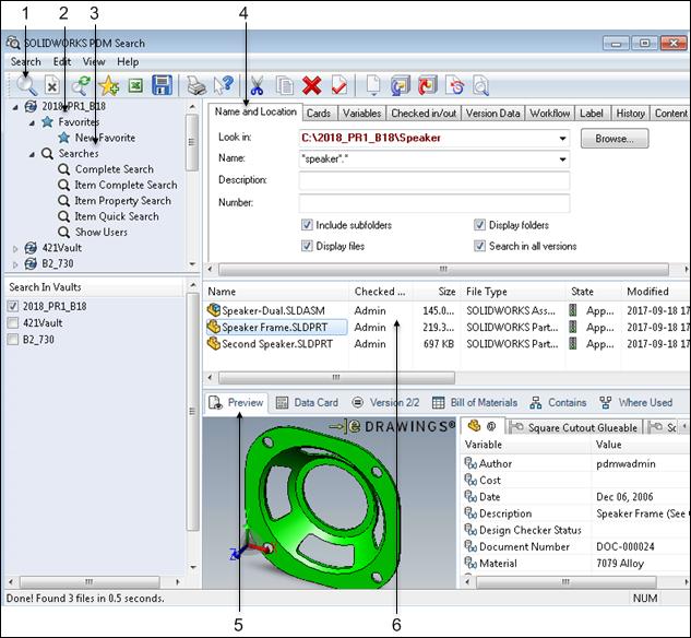Searching for Documents and Users The SOLIDWORKS PDM Search Tool Interface (For SOLIDWORKS PDM Professional only) The SOLIDWORKS PDM Search Tool lets you search in a separate window that contains