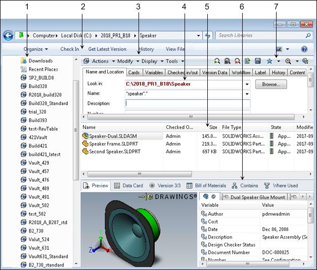 Searching for Documents and Users 6 Search results Corresponds to the SOLIDWORKS PDM file view in Windows Explorer.