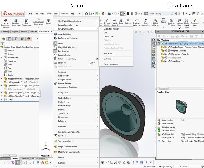 Using SOLIDWORKS PDM in SOLIDWORKS SOLIDWORKS User Interface Additions When SOLIDWORKS PDM is added in to SOLIDWORKS, the SOLIDWORKS PDM menu and task pane provide access to and information about