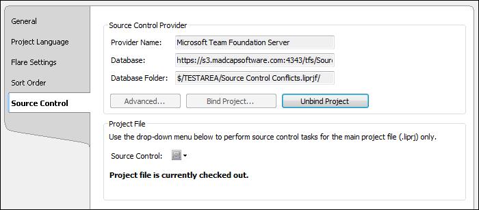 Source Control Select options related to source control, such as binding and unbinding a project.