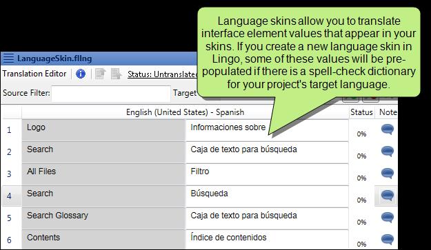 Language Skins When you create your Lingo project, you have the option to add a language skin to your project. This generates a language skin file (LanguageSkin.