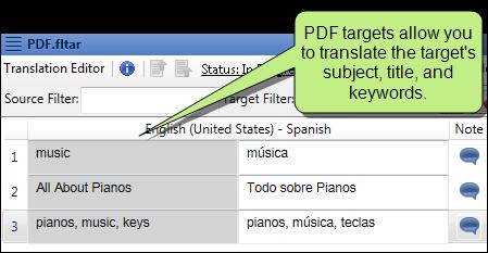 Flare Target Files You can now translate Flare target files (.fltar) for PDF and EPUB targets. This allows you to translate the target's metadata fields, such as the document title or description.